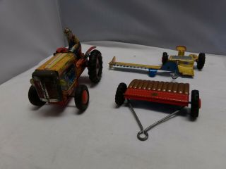 Vintage Tin Toy Tractor With 2 Implements
