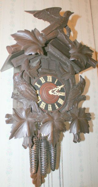Antique German Black Forest Cuckoo And Quail Clock All