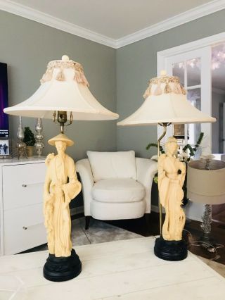 1950s Quan Yin Resin Holding Birds Of Paradise Table Lamp Custom Shades