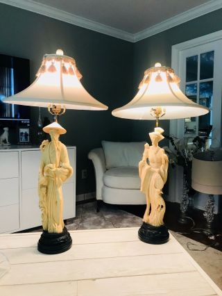 1950s Quan Yin Resin holding Birds of Paradise Table Lamp custom shades 2