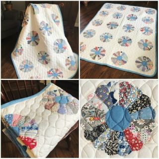 73x59in Vintage Dresden Plate Quilt With Blue Trim