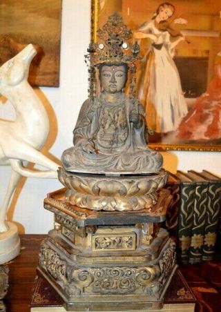 Mid 17th Century Mid Edo Japanese Wooden Seated Amida Buddha Sculpture Oriental