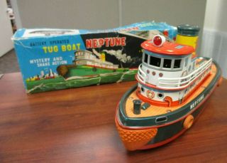 Vintage Modern Toys Tin Litho Battery Operated Tug Boat Neptune & Box