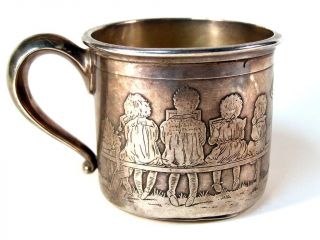 Antique Meriden Britannia Sterling Silver Childs Baby Cup With Figural Children