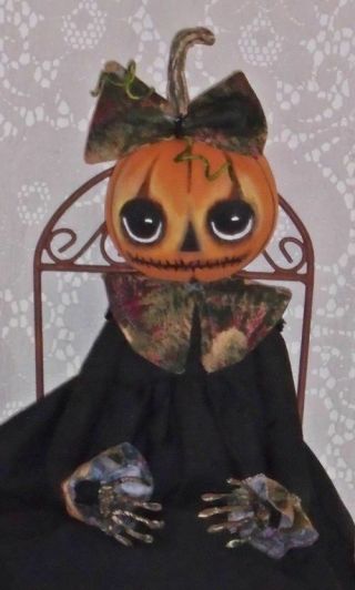 Primitive Folk Art Pumpkin Girl Doll Ooak Halloween By Maddys Treasures