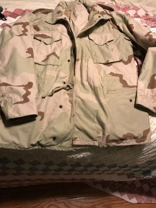 3 Color Desert Test Issue M - 65 Field Jacket Large Long Nyco Dated 1989