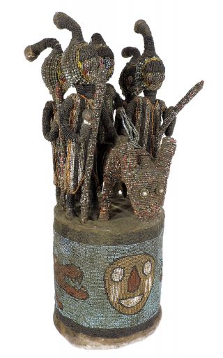 Yoruba Beaded Crown King On Horse And Four Guardians African Art 22 Inch