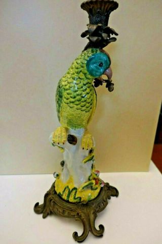 Shlf Antique Porcelain & Bronze Mounted Parrot 15 " High Candlestick Bird
