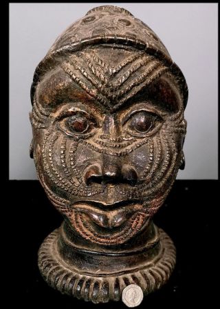 Vintage Tribal Large Benin Bronze Head Of King Figure - - Edo,  Nigeria (bgw)