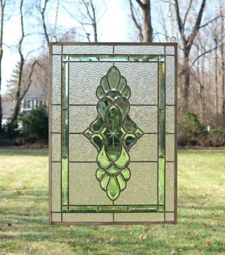 Stained Glass Green Transparent Clear Beveled Window Panel 19 " X 27 "