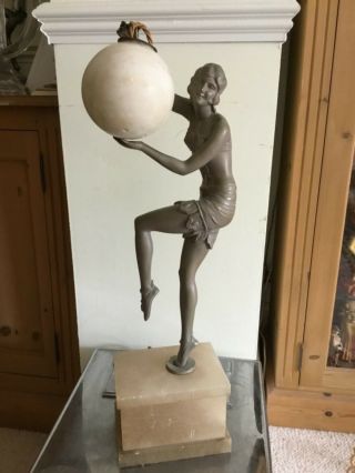Art Deco Spelter Lady Figure Lamp & Alabaster Globe Shade