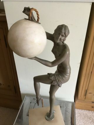 Art Deco Spelter Lady Figure Lamp & Alabaster Globe Shade 2