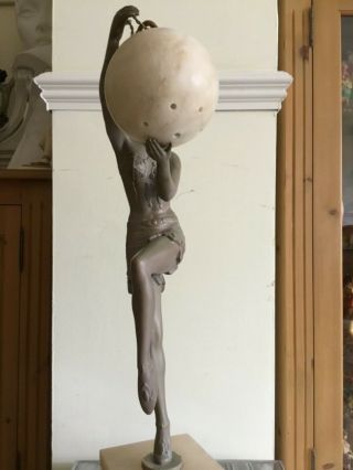 Art Deco Spelter Lady Figure Lamp & Alabaster Globe Shade 4