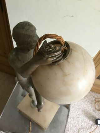 Art Deco Spelter Lady Figure Lamp & Alabaster Globe Shade 5