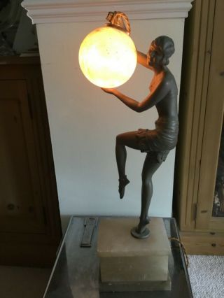 Art Deco Spelter Lady Figure Lamp & Alabaster Globe Shade 7