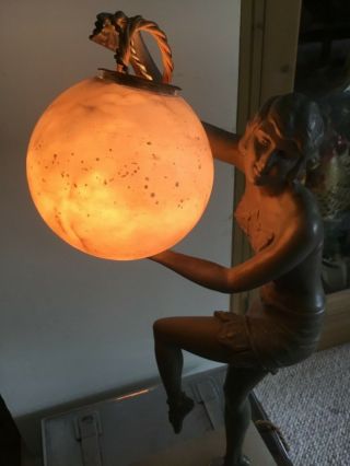 Art Deco Spelter Lady Figure Lamp & Alabaster Globe Shade 8