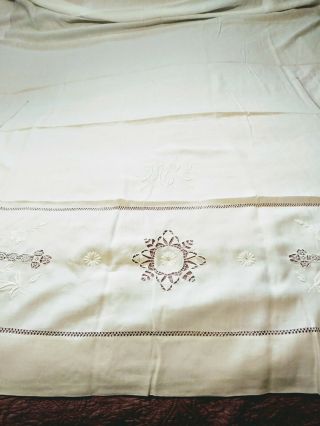 Gorgeous Finely Done Italian Needle Lace / Embroidered Linen Sheet 124 