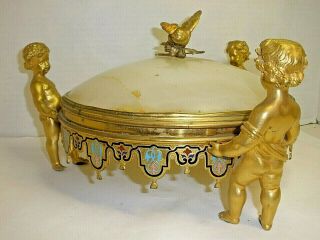 Antique French Box Gold Gilt Bronze Onyx Champleve Cloisonne Cherubs