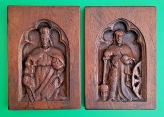 Two 18th C Gothic Wooden Oak Handcarved Panels Plaque