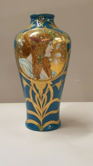 Antique Alphonse Mucha Gebr.  Heubach Vase Art Nouveau Gold Overlay Flapper