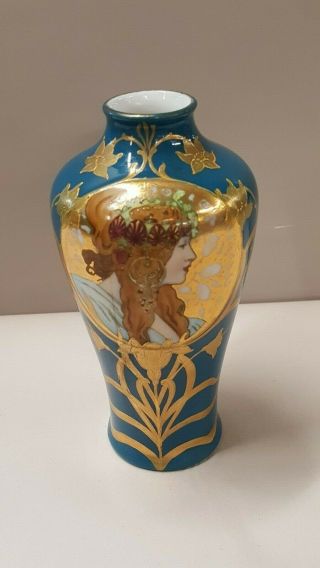 Antique Alphonse Mucha Gebr.  Heubach Vase Art Nouveau Gold Overlay Flapper 2