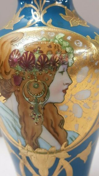 Antique Alphonse Mucha Gebr.  Heubach Vase Art Nouveau Gold Overlay Flapper 5