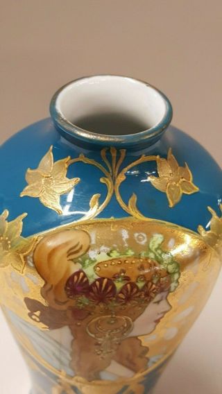 Antique Alphonse Mucha Gebr.  Heubach Vase Art Nouveau Gold Overlay Flapper 7