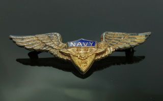 Vintage 1930s/40s Gold Filled GF Sterling Silver Base US Navy Winged Enamel Pin 2