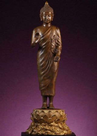 Buddha: Antique Sukhothai,  Abhaya And Varada Mudra,  Gilt Bronze,  1800s,  15 " Tall