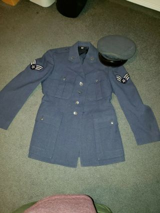 Vintage Korean War US Air Force senior airman Jacket Coat Uniform & hat Sz 38s 2