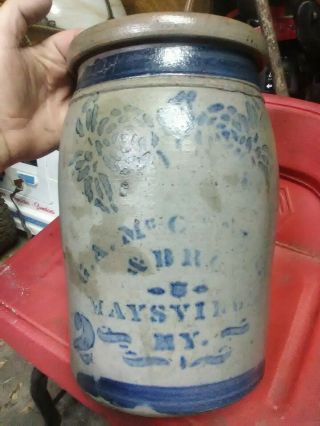 Vintage Stoneware Cobalt Blue Ga Mccarthy & Bros Jug Churn 2 Maysville Ky