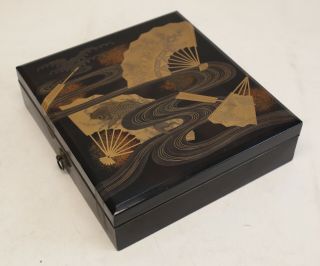 Japanese Makie Urushi Lacquerware Laquer Box,  Black Lacquer With Raised Gold