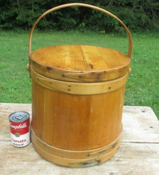 Antique Large Wood Firkin Sugar Bucket Lap Bands Bent Maple Mushroom Peg Handle