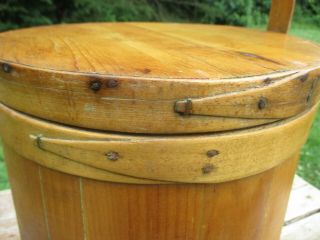 Antique LARGE Wood FIRKIN SUGAR BUCKET Lap Bands Bent Maple Mushroom Peg Handle 3