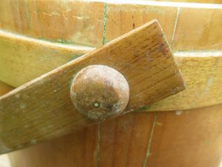 Antique LARGE Wood FIRKIN SUGAR BUCKET Lap Bands Bent Maple Mushroom Peg Handle 5