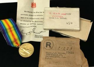Wwi British Army 1914 - 1919 Victory Medal & Ribbon Major Morgan Note & Box Canada
