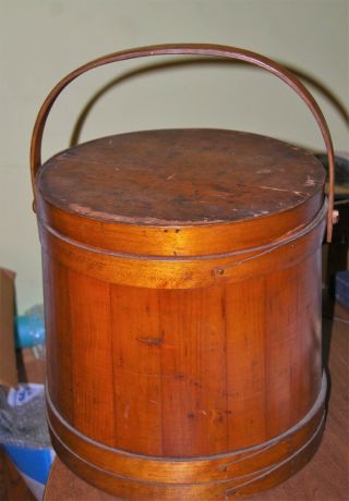 Great Antique Large Wood Firkin Sugar Bucket 14.  5 " Tall,  15 " Diameter Base