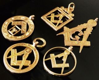 5 Hallmarked Antique 9ct Solid Gold Masonic Watch Fobs Pedants 1914 To 1920