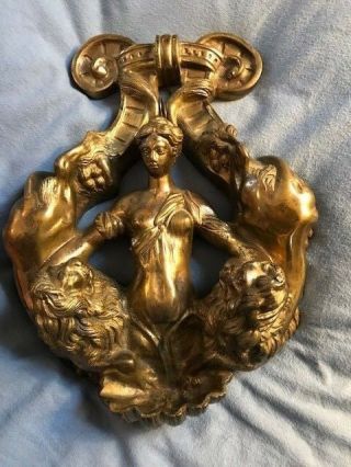 Antique Brass Door Knocker Goddess With 2 Lions 11.  5 " X 8.  5 "