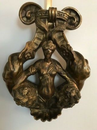 Antique Brass Door Knocker Goddess with 2 Lions 11.  5 