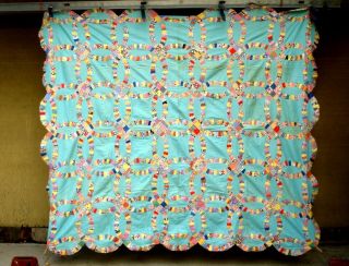 Vintage 1930 ' s Double Wedding Ring Quilt Top hand stitched 11