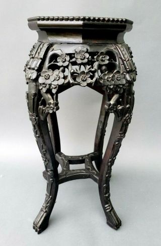 Antique Chinese Hand Carved Wood & Marble Plant Stand W Flowers