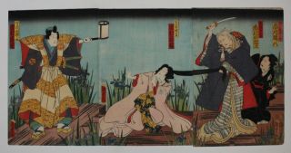 Antique Edo Kunisada Utagawa Japanese Triptych Woodblock Print Samurai