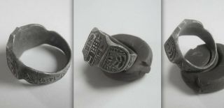 Medieval Knights Crusader Christian Silver Ring With Castle And Inscribed Hoop