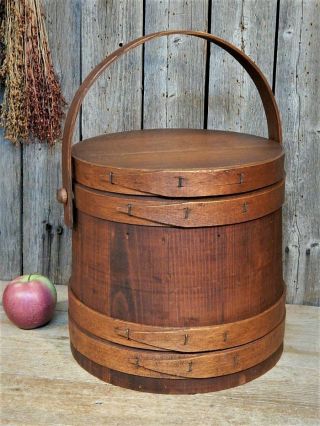 Antique Primitive Wood Firkin Sugar Bucket 4 Finger Banded