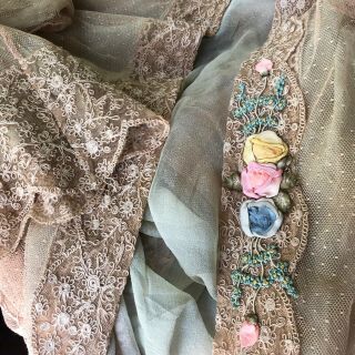 Antique French Net Tambour Lace Dress Jacket Flounce Floral Ribbon Work Flapper