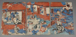 Fine Antique Utagawa Kunisada Japanese Triptych Woodblock Print Frog Snail