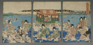 Fine Antique 1860 Utagawa Kunisada Japanese Triptych Woodblock Print Oi River