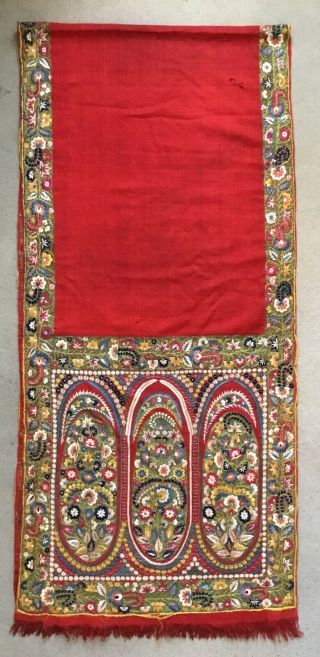 A Long Antique Indian Delhi Shawl Floral Hand Embroidered On Silk/wool?