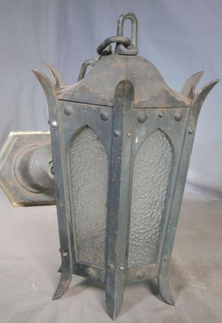 Antique Arts Crafts Tudor Gothic Cast Iron Exterior Porch Light Chandelier Glass